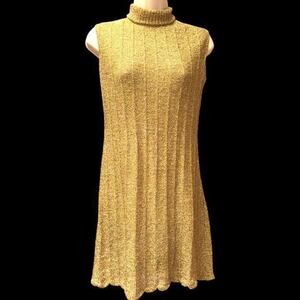 Vintage 1960s Kimberly Gold Metallic Knit Lurex Mod Go-Go Mini Dress w/ Red Belt